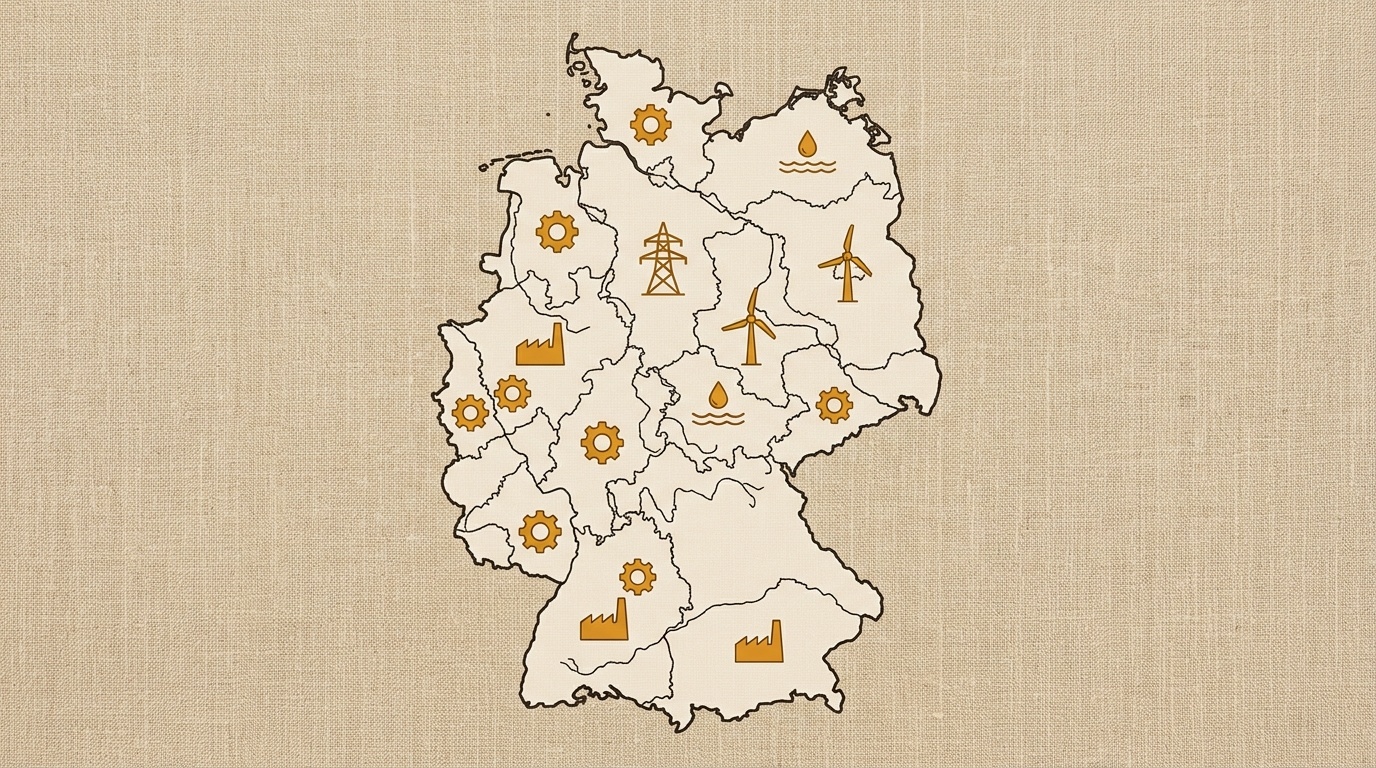 Karte Deutschlands mit markierten Industrie- und Versorgerregionen als Sinnbild deutscher Ausschütter