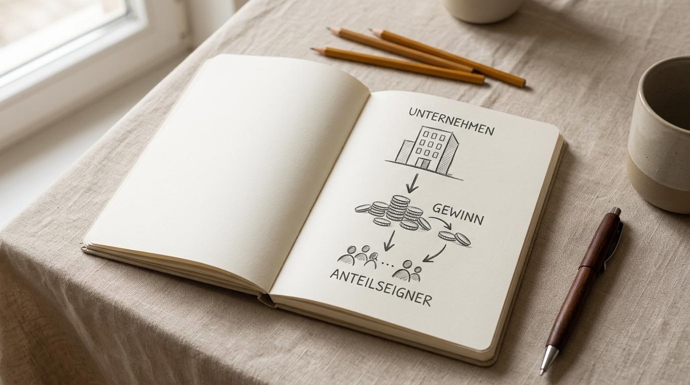 Aufgeschlagenes Notizbuch mit einer Skizze zur Gewinnbeteiligung eines Unternehmens, warmer Leinenton
