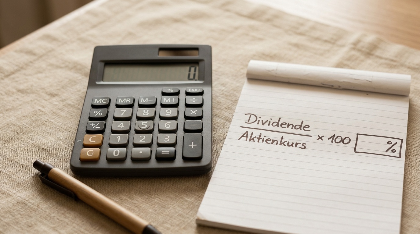 Taschenrechner und Notizzettel mit einer einfachen Prozentrechnung zur Dividendenrendite